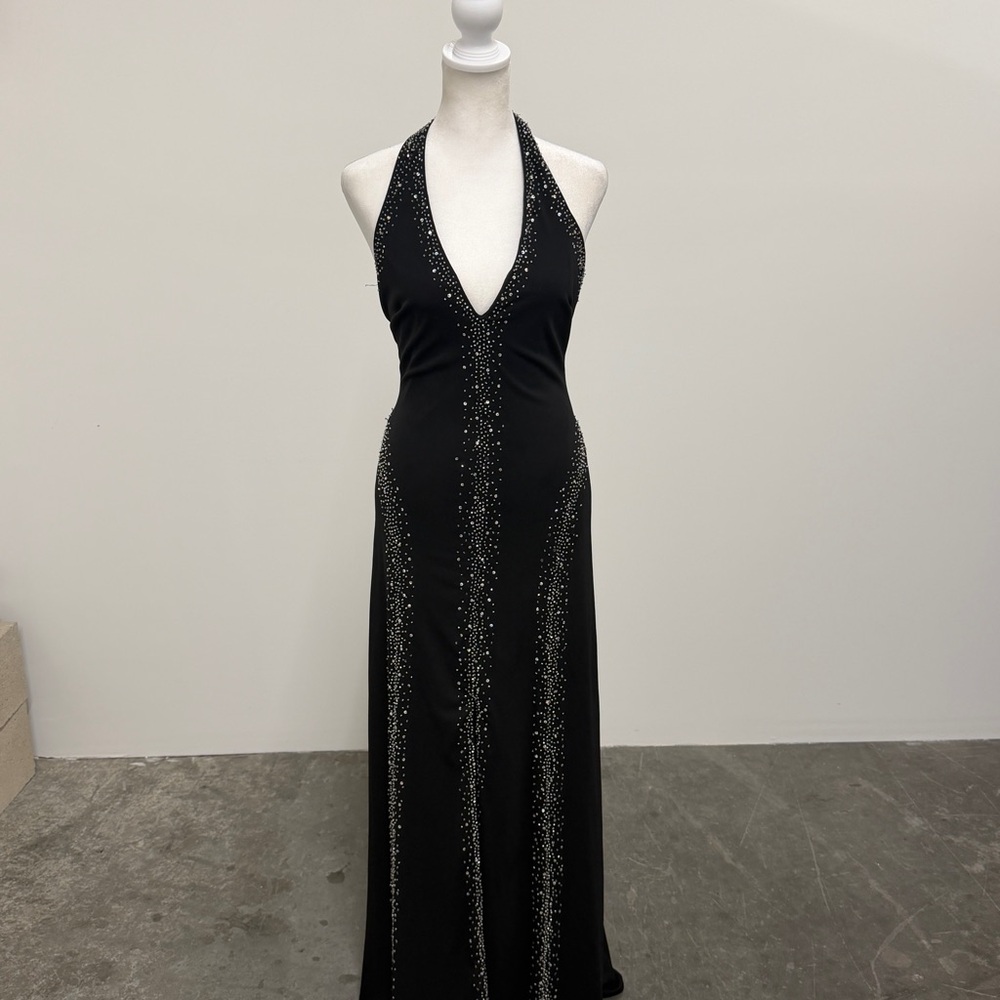 Black Halter Evening Gown with Rhinestone Accents